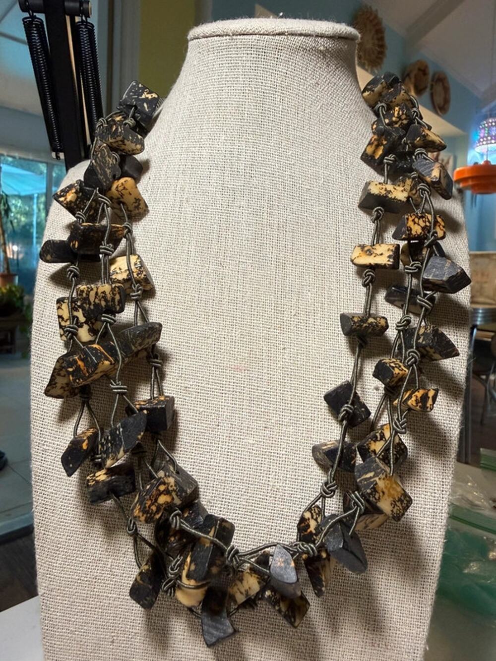 Boho Multi Strand Chunky Brown Tan Beaded Necklace Organic Coconut Shell Style